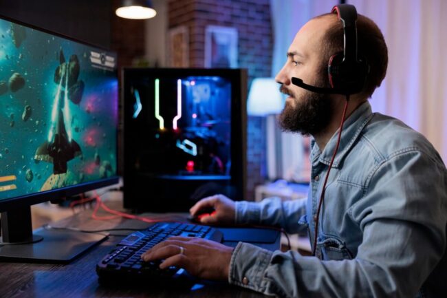 men playing games on computer