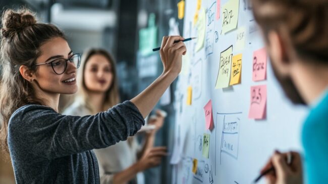 Team collaborating during a brainstorming session on a whiteboard