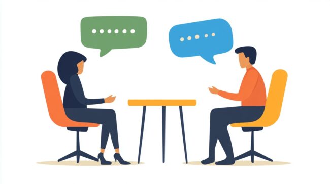 Illustration of a business conversation between two professionals, representing language barriers in business environments