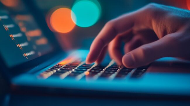 Close-up of hands typing code on a laptop keyboard