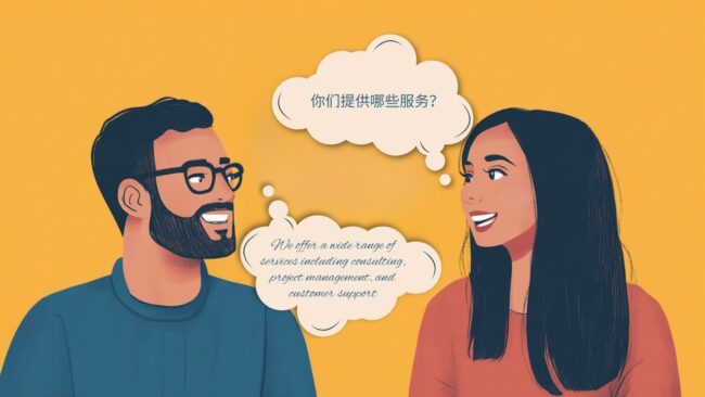 Illustration of two people having a multilingual conversation, highlighting understanding language barriers in global business